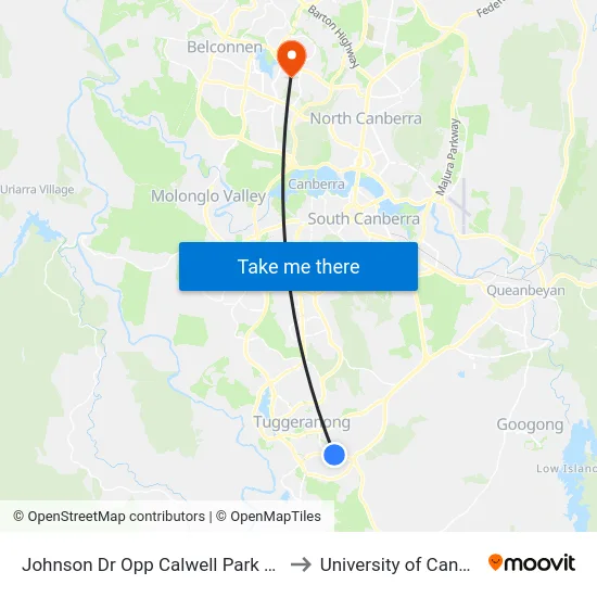 Johnson Dr Opp Calwell Park & Ride to University of Canberra map