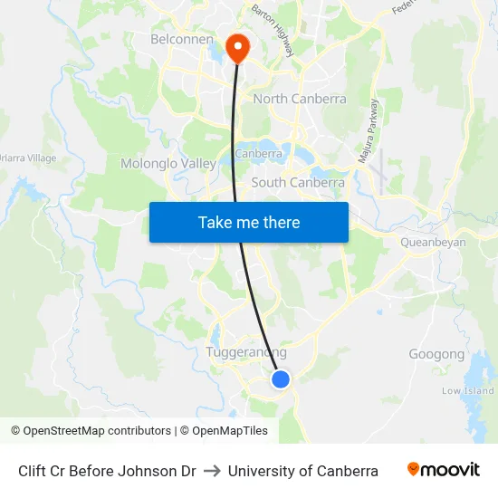 Clift Cr Before Johnson Dr to University of Canberra map