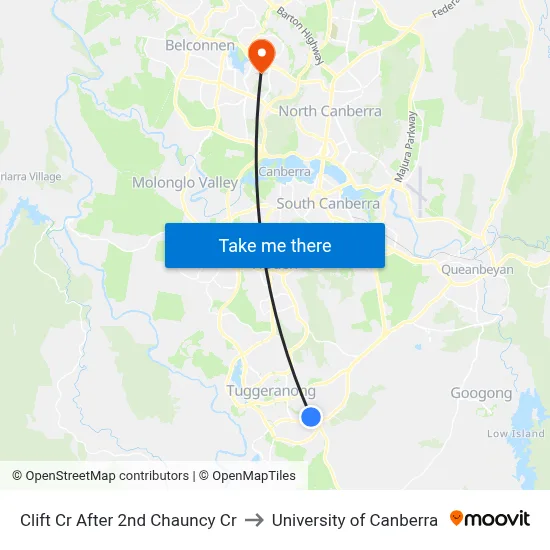 Clift Cr After 2nd Chauncy Cr to University of Canberra map