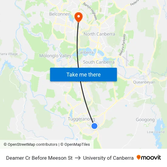 Deamer Cr Before Meeson St to University of Canberra map