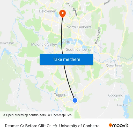 Deamer Cr Before Clift Cr to University of Canberra map