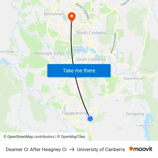 Deamer Cr After Heagney Cr to University of Canberra map