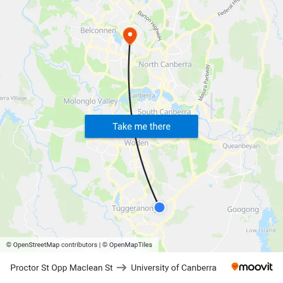 Proctor St Opp Maclean St to University of Canberra map