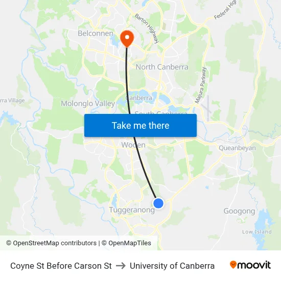 Coyne St Before Carson St to University of Canberra map