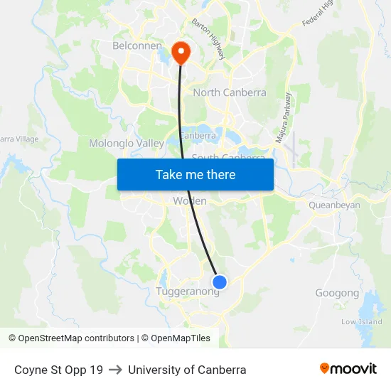 Coyne St Opp 19 to University of Canberra map
