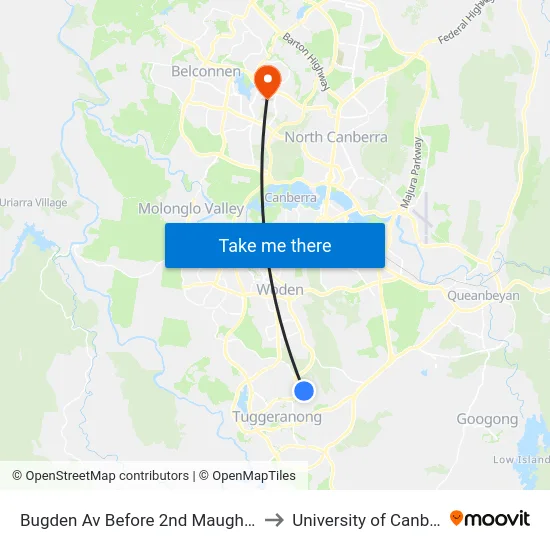 Bugden Av Before 2nd Maughan Cr to University of Canberra map