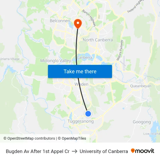 Bugden Av After 1st Appel Cr to University of Canberra map