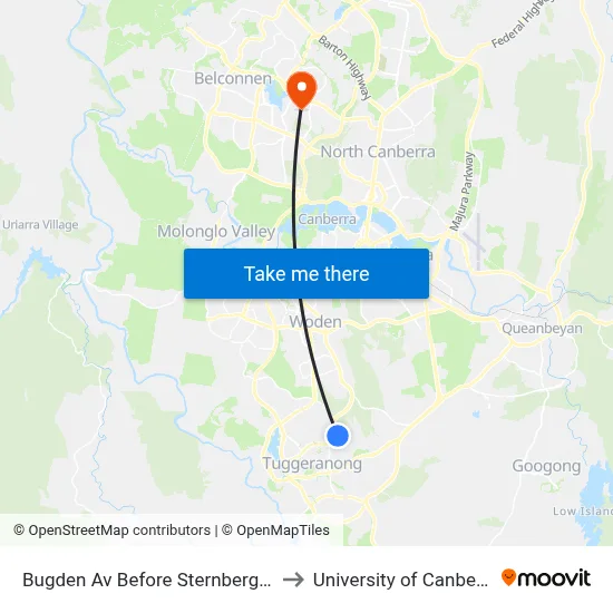 Bugden Av Before Sternberg Cr to University of Canberra map