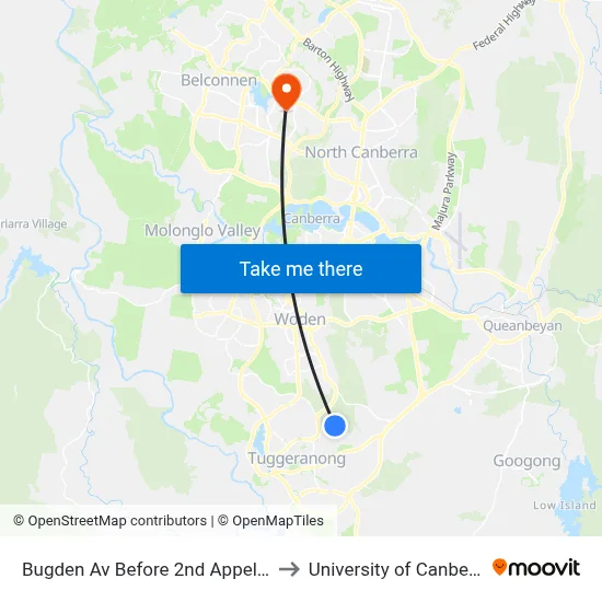 Bugden Av Before 2nd Appel Cr to University of Canberra map