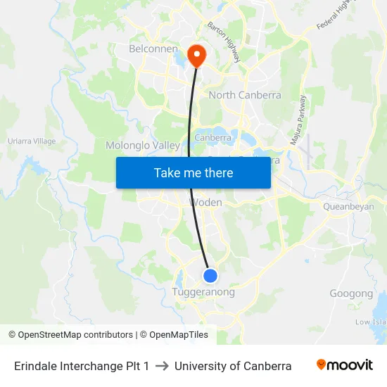 Erindale Interchange Plt 1 to University of Canberra map