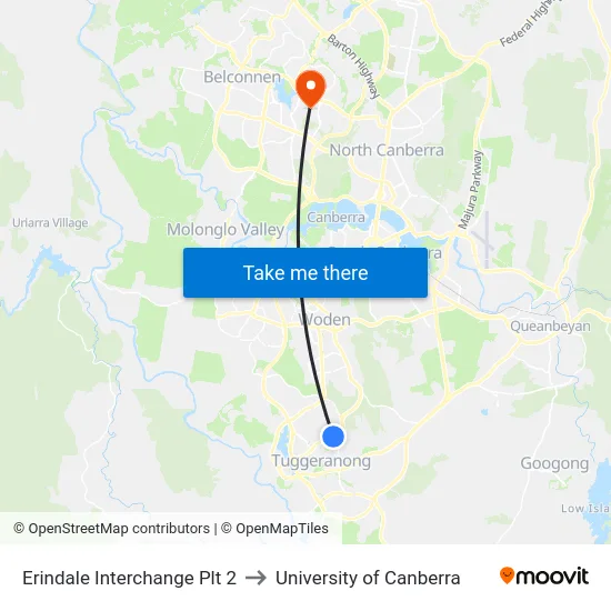 Erindale Interchange Plt 2 to University of Canberra map