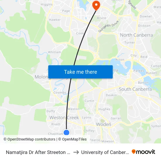 Namatjira Dr After Streeton Dr to University of Canberra map