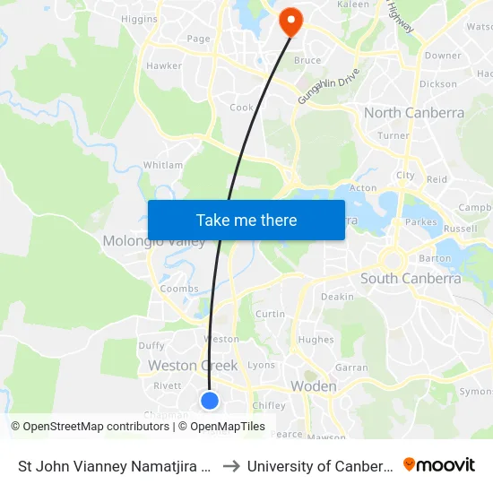 St John Vianney Namatjira Dr to University of Canberra map