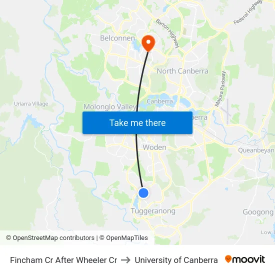 Fincham Cr After Wheeler Cr to University of Canberra map