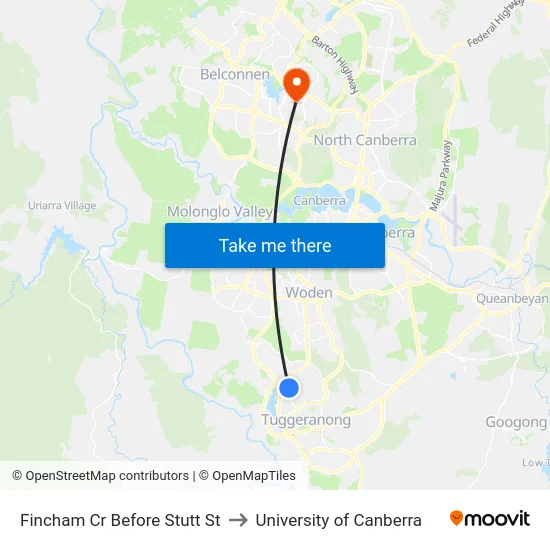 Fincham Cr Before Stutt St to University of Canberra map