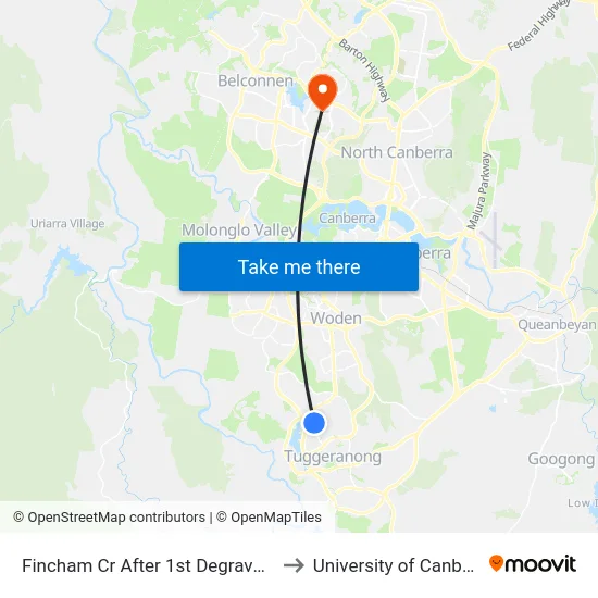 Fincham Cr After 1st Degraves Cr to University of Canberra map