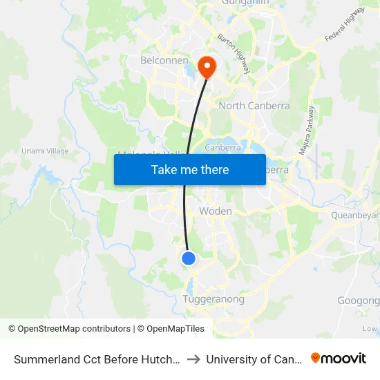 Summerland Cct Before Hutchison Cr to University of Canberra map