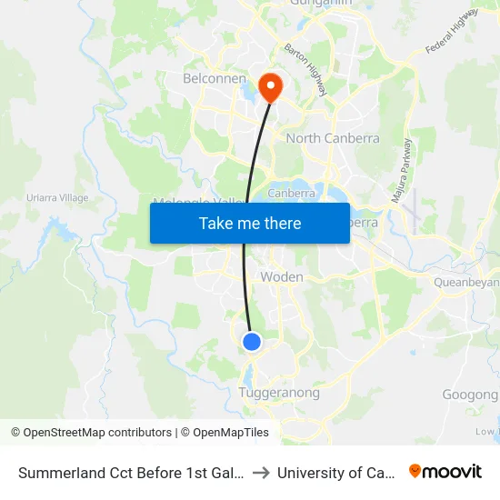Summerland Cct Before 1st Gallagher St to University of Canberra map