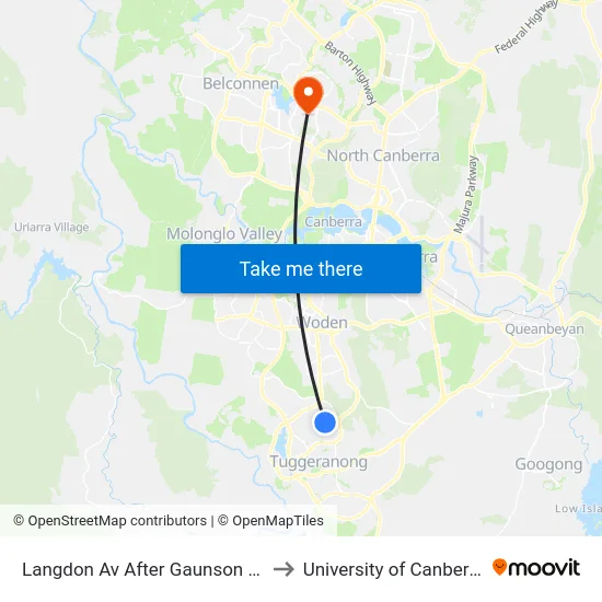 Langdon Av After Gaunson Cr to University of Canberra map