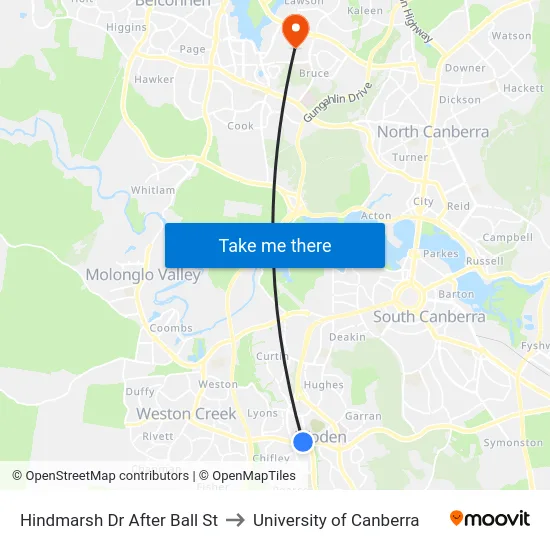 Hindmarsh Dr After Ball St to University of Canberra map