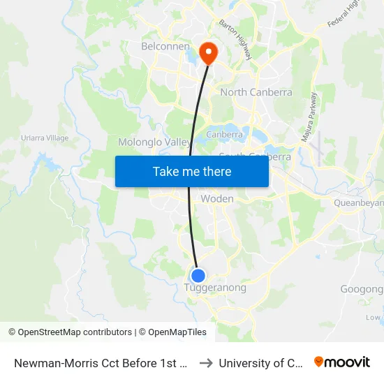 Newman-Morris Cct Before 1st Connibere Cr to University of Canberra map