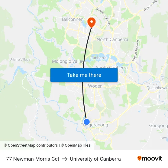 77 Newman-Morris Cct to University of Canberra map