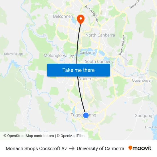 Monash Shops Cockcroft Av to University of Canberra map