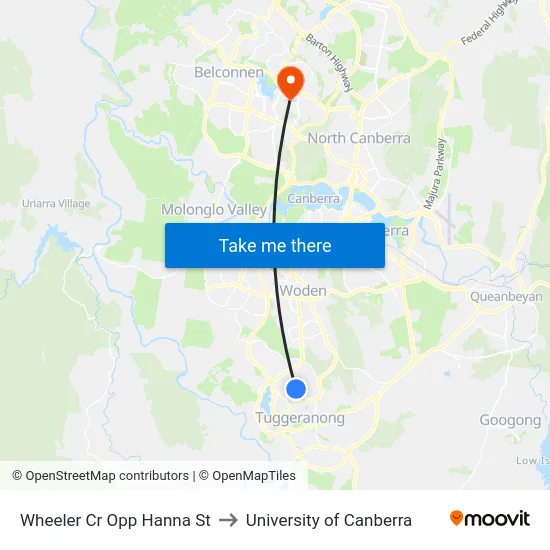 Wheeler Cr Opp Hanna St to University of Canberra map