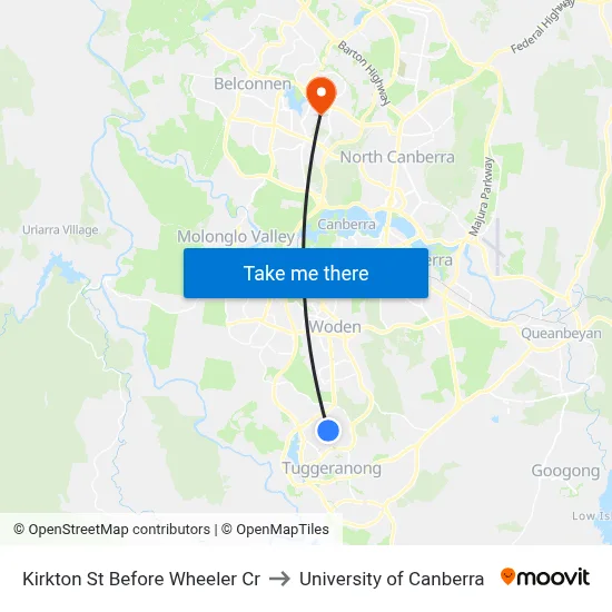Kirkton St Before Wheeler Cr to University of Canberra map