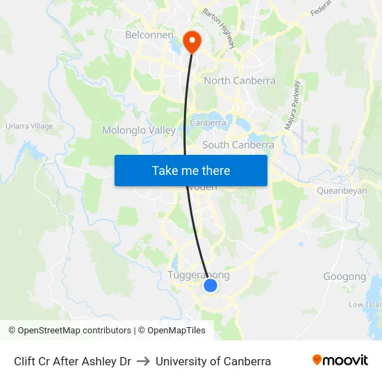 Clift Cr After Ashley Dr to University of Canberra map