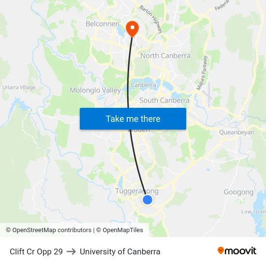Clift Cr Opp 29 to University of Canberra map