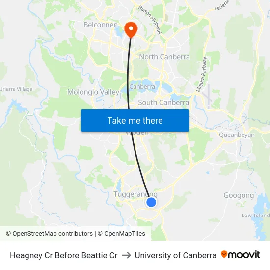 Heagney Cr Before Beattie Cr to University of Canberra map