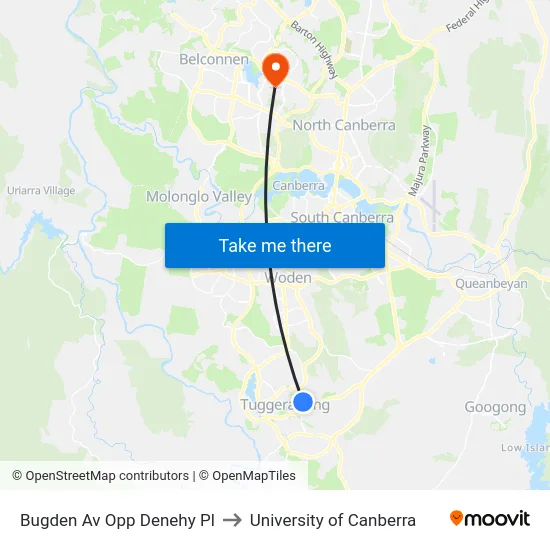 Bugden Av Opp Denehy Pl to University of Canberra map