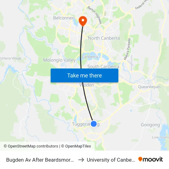 Bugden Av After Beardsmore Pl to University of Canberra map