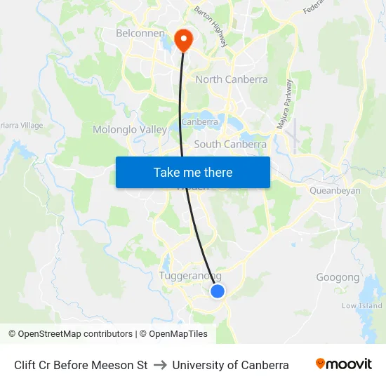 Clift Cr Before Meeson St to University of Canberra map