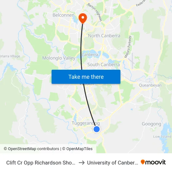 Clift Cr Opp Richardson Shops to University of Canberra map