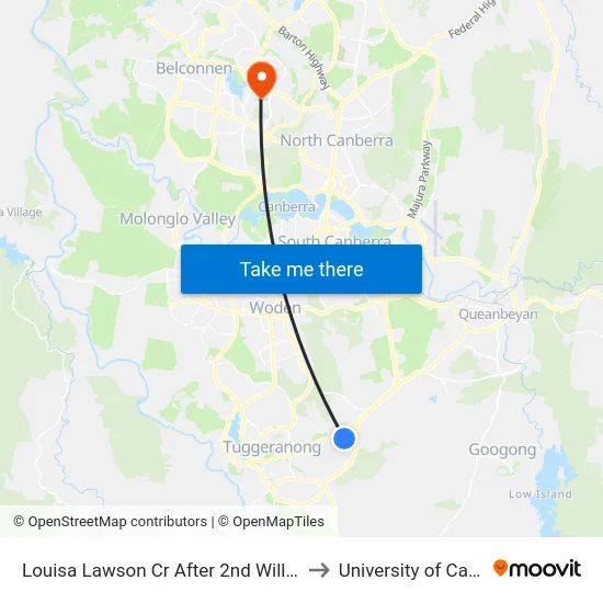 Louisa Lawson Cr After 2nd Willoughby Cr to University of Canberra map