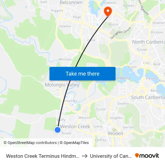 Weston Creek Terminus Hindmarsh Dr to University of Canberra map