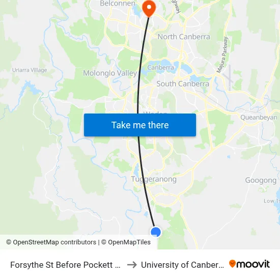 Forsythe St Before Pockett Av to University of Canberra map