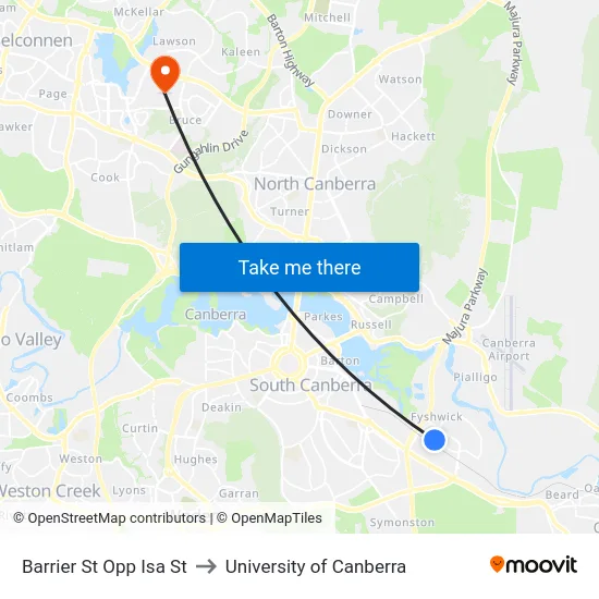 Barrier St Opp Isa St to University of Canberra map