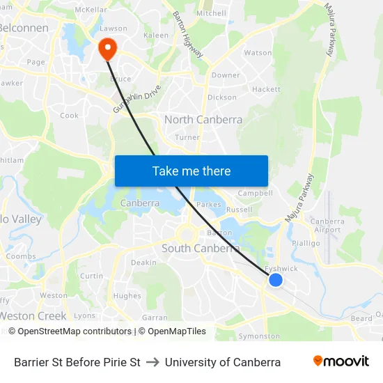 Barrier St Before Pirie St to University of Canberra map