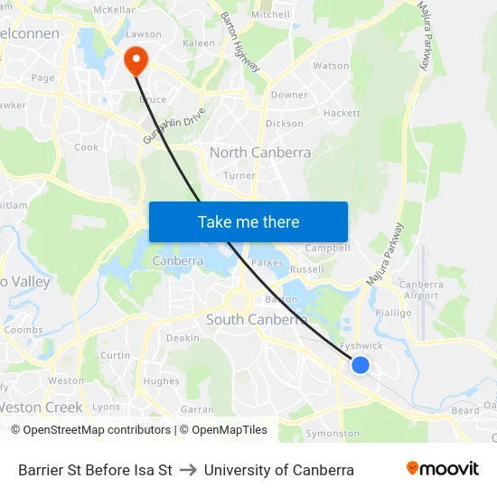 Barrier St Before Isa St to University of Canberra map