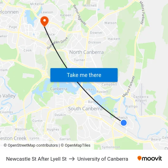 Newcastle St After Lyell St to University of Canberra map