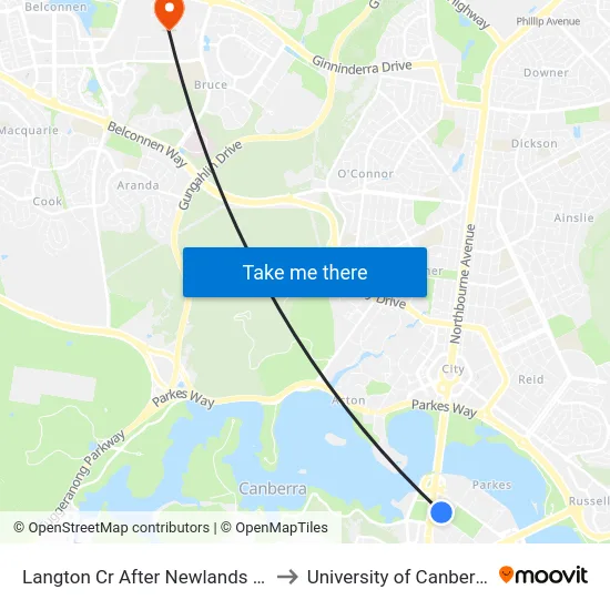 Langton Cr After Newlands St to University of Canberra map