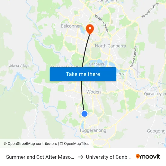 Summerland Cct After Mason St to University of Canberra map