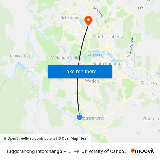 Tuggeranong Interchange Plt 7 to University of Canberra map