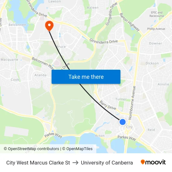 City West Marcus Clarke St to University of Canberra map