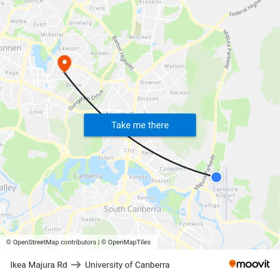 Ikea Majura Rd to University of Canberra map