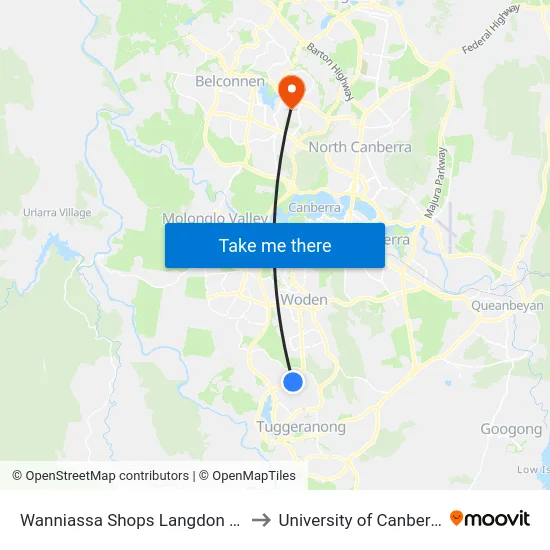 Wanniassa Shops Langdon Av to University of Canberra map