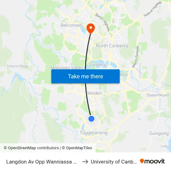 Langdon Av Opp Wanniassa Shops to University of Canberra map